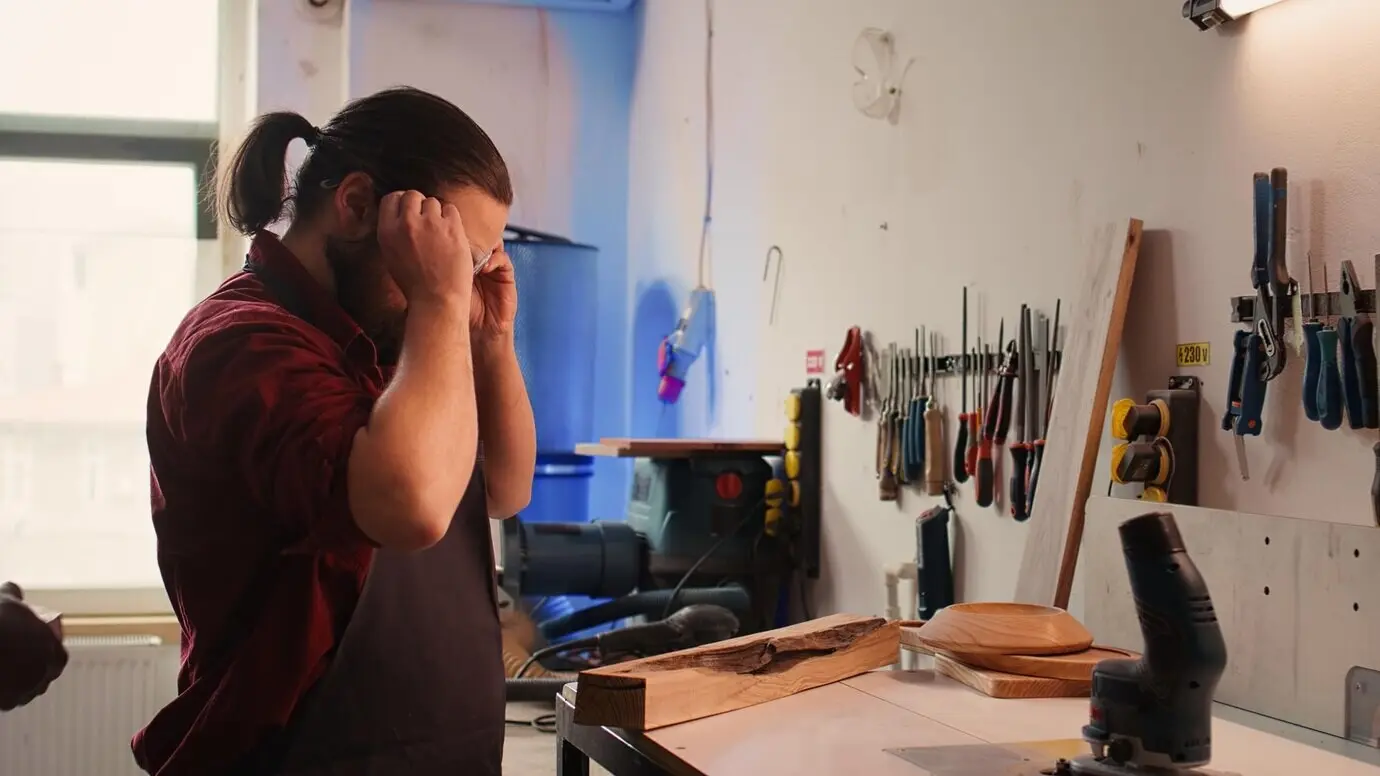 Holzbearbeitungsexperte führt Qualitätssicherung an einem Holzblock durch.